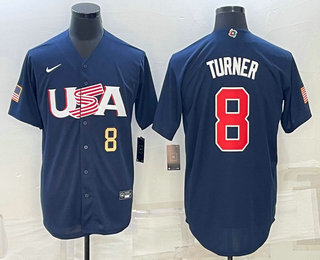 Mens USA Baseball #8 Trea Turner Number 2023 Navy World Baseball Classic Stitched Jersey